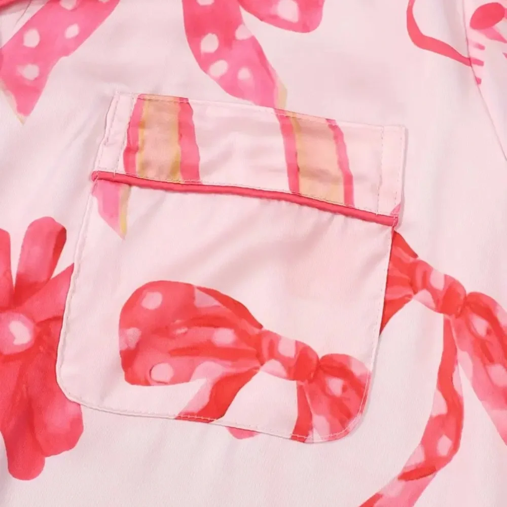 Pink Bow and Floral Print Women's Pajama Set Size XS Romantic Valentine’s Day